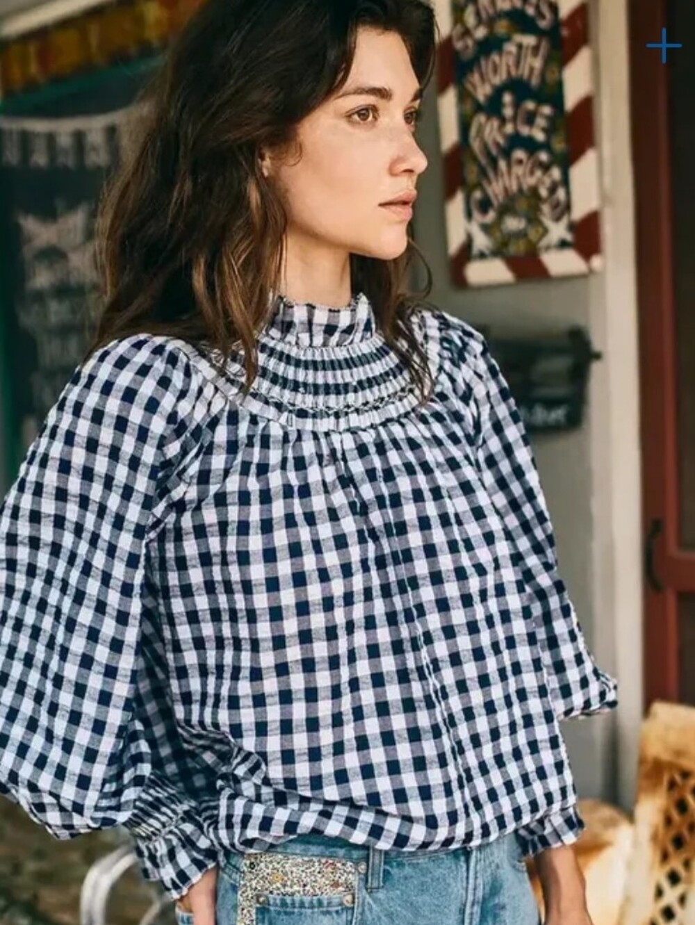 Hunter Bell Smocked High-Neck Gingham Blouse - Navy/White Small